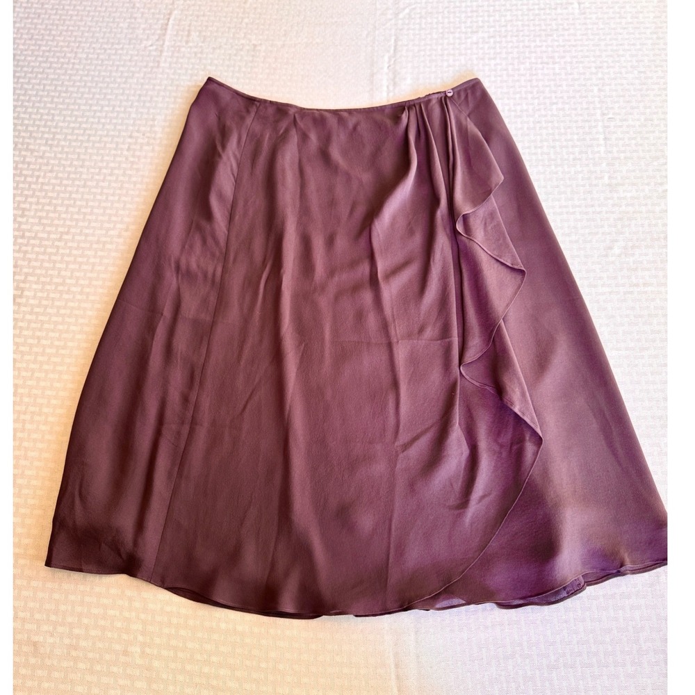 Jones New York 100% Silk Purple Ruffle Midi Skirt Size 16 Fairy Plum Faux Wrap